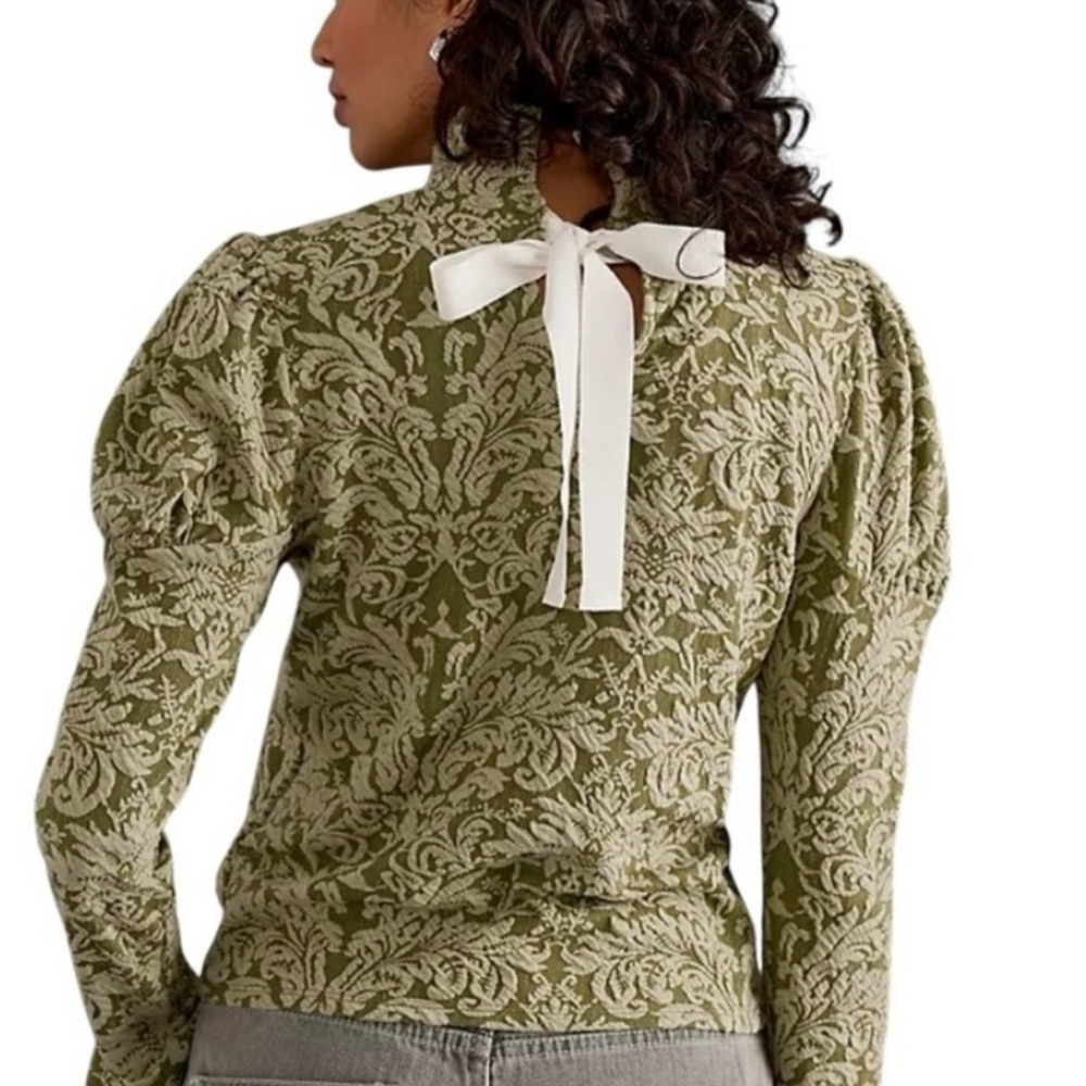 Anthropologie Jacquard Coquette Top Small Bow Boho Prairie Bell Puff Sleeve
